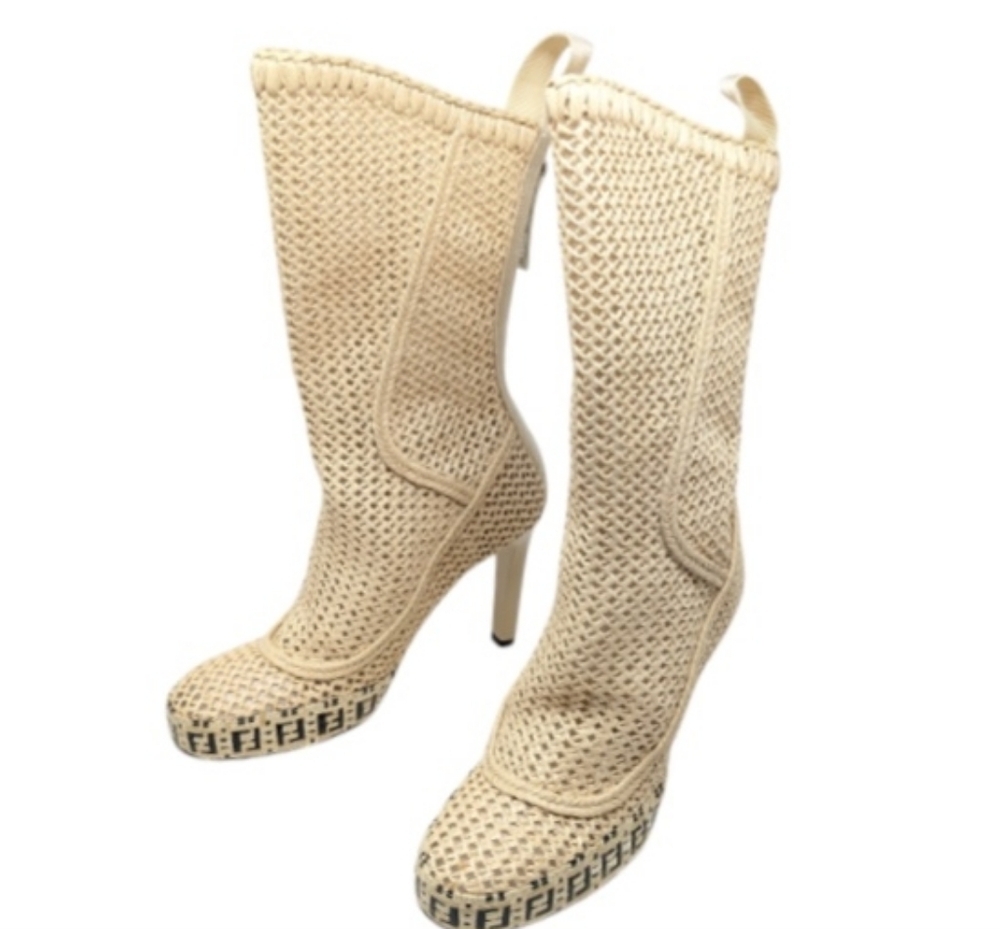 Fendi 105mm FF Woven Raffia Spring '21 Runway Zip Mid Calf Booties Size EU 38 - Picture 4 of 15
